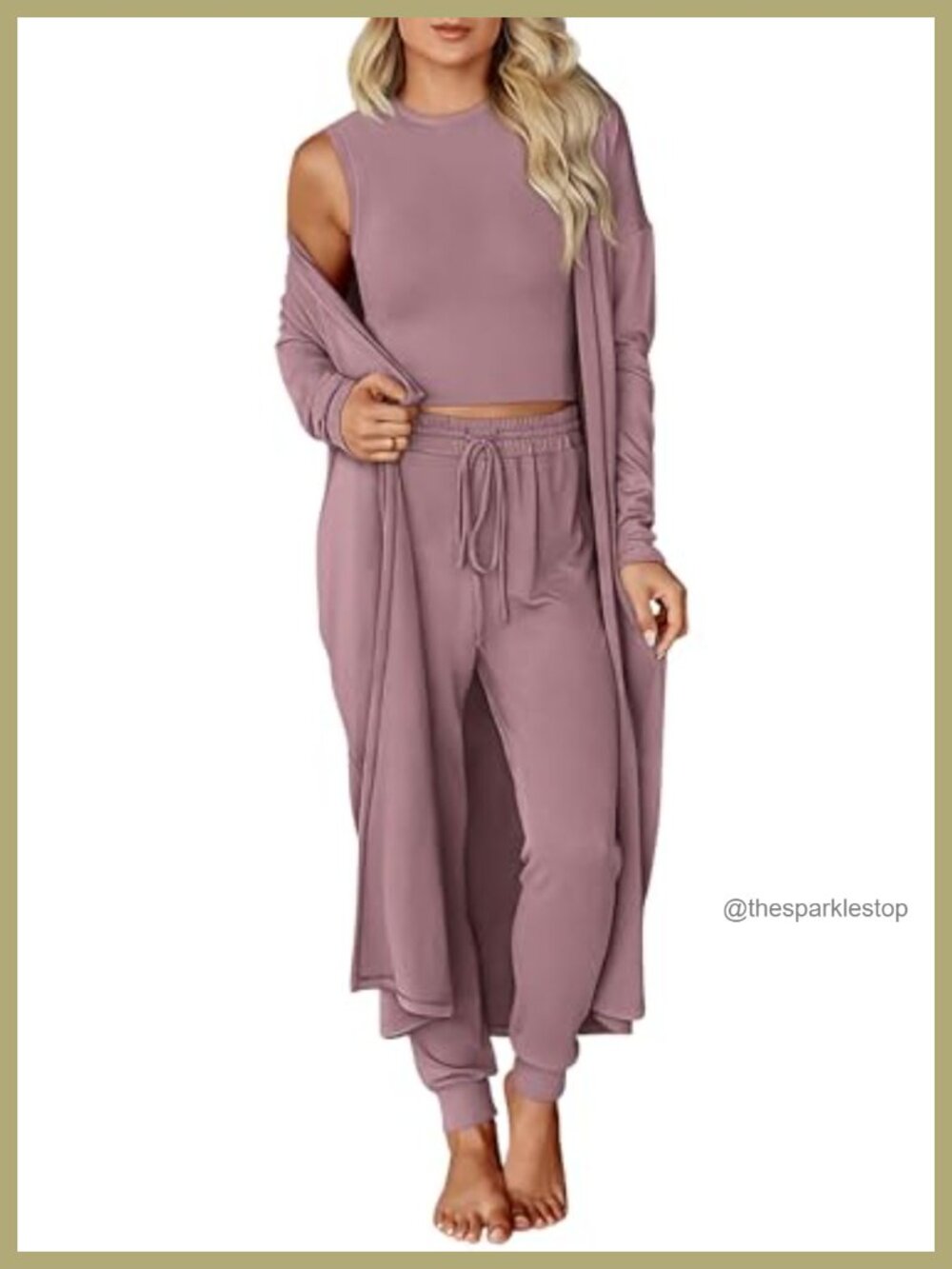 3 Piece Lounge Set Crop Tank Drawstring Jogger Cardigan Travel Outfit